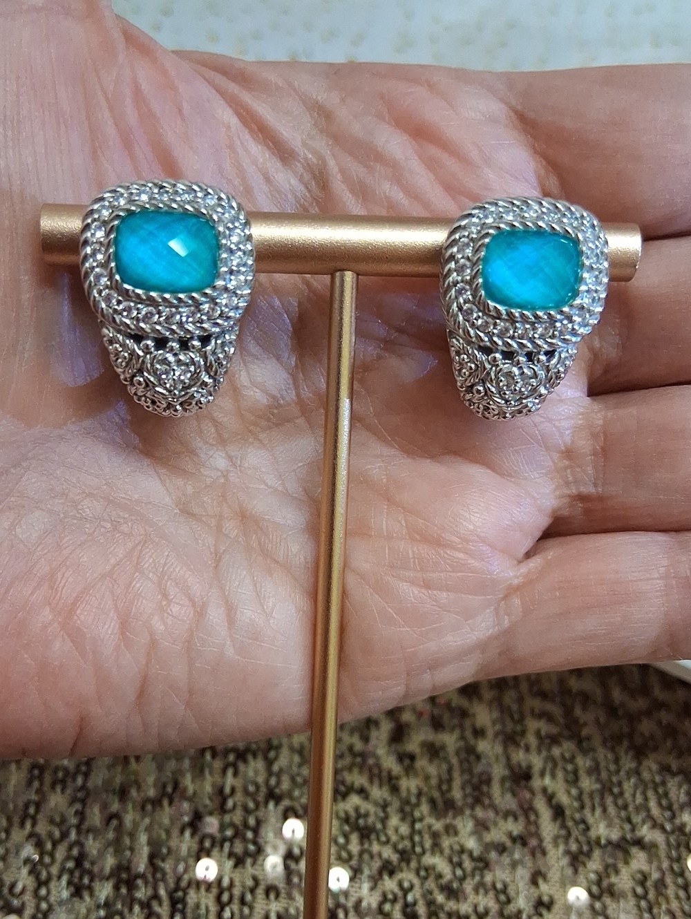 Judith Ripka Sterling Silver Earrings with Blue Turquoise Faceted Doublet Stones